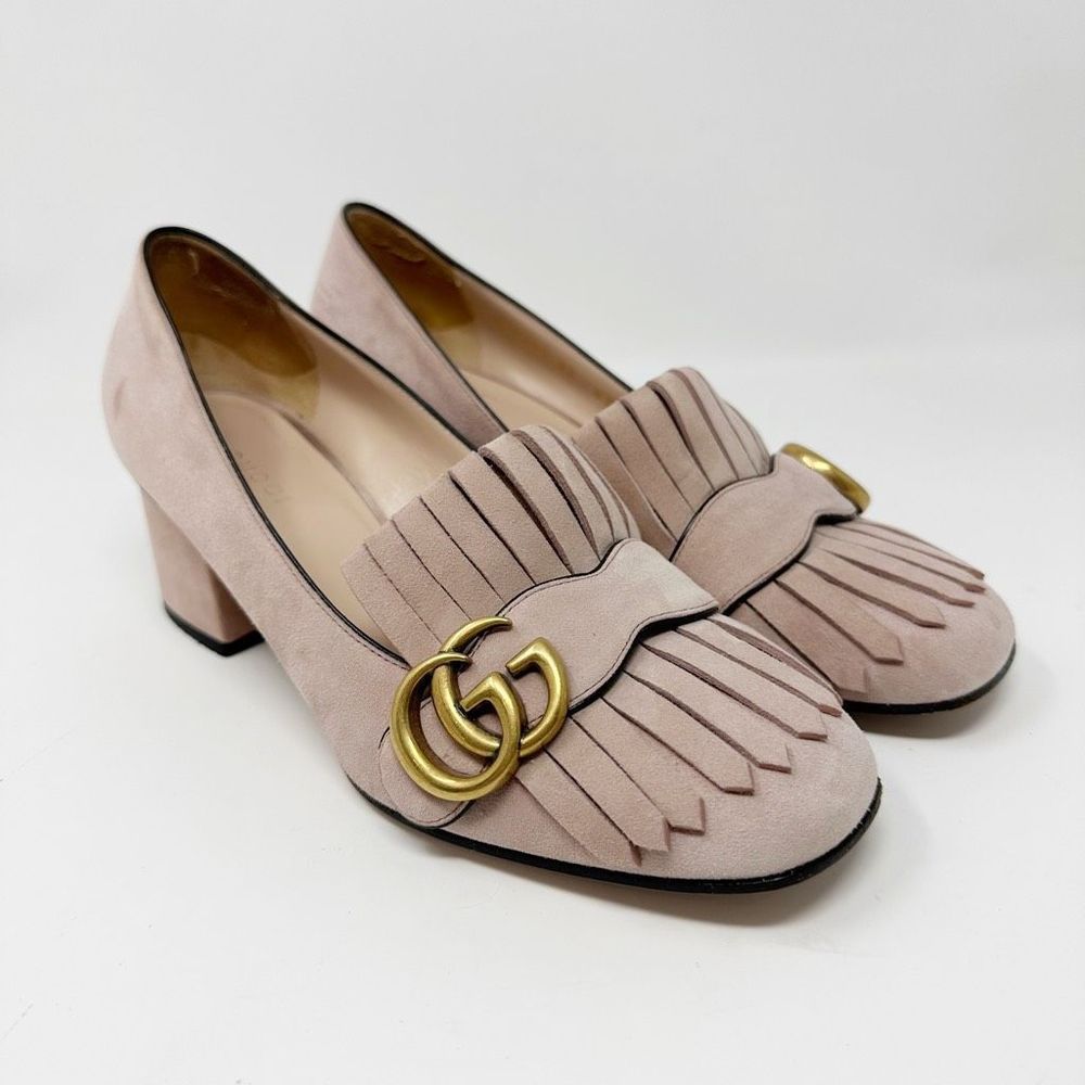 Gucci Pink Heeled Loafers with Gold Accent